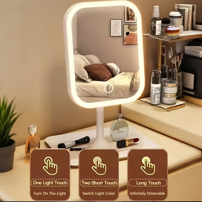 LED Makeup Mirror with Lights Rechargeable, Foldable Lighted Vanity Mirror 3 Color Modes Touch Dimming Portable Stand