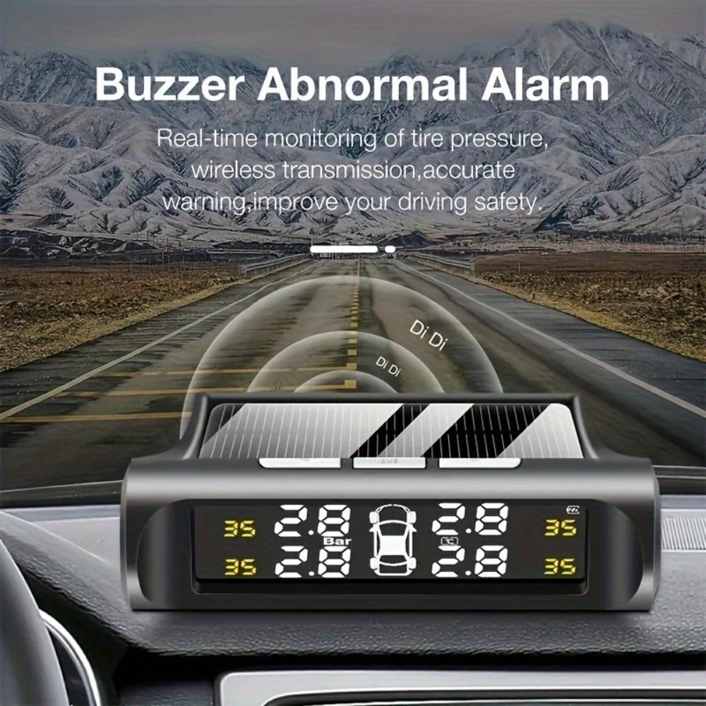 TPMS Tire Pressure Monitor Solar & USB Powered – Real-Time LCD Display, 6-Mode Auto Alarm, Windshield Mount, Day & Night Readable