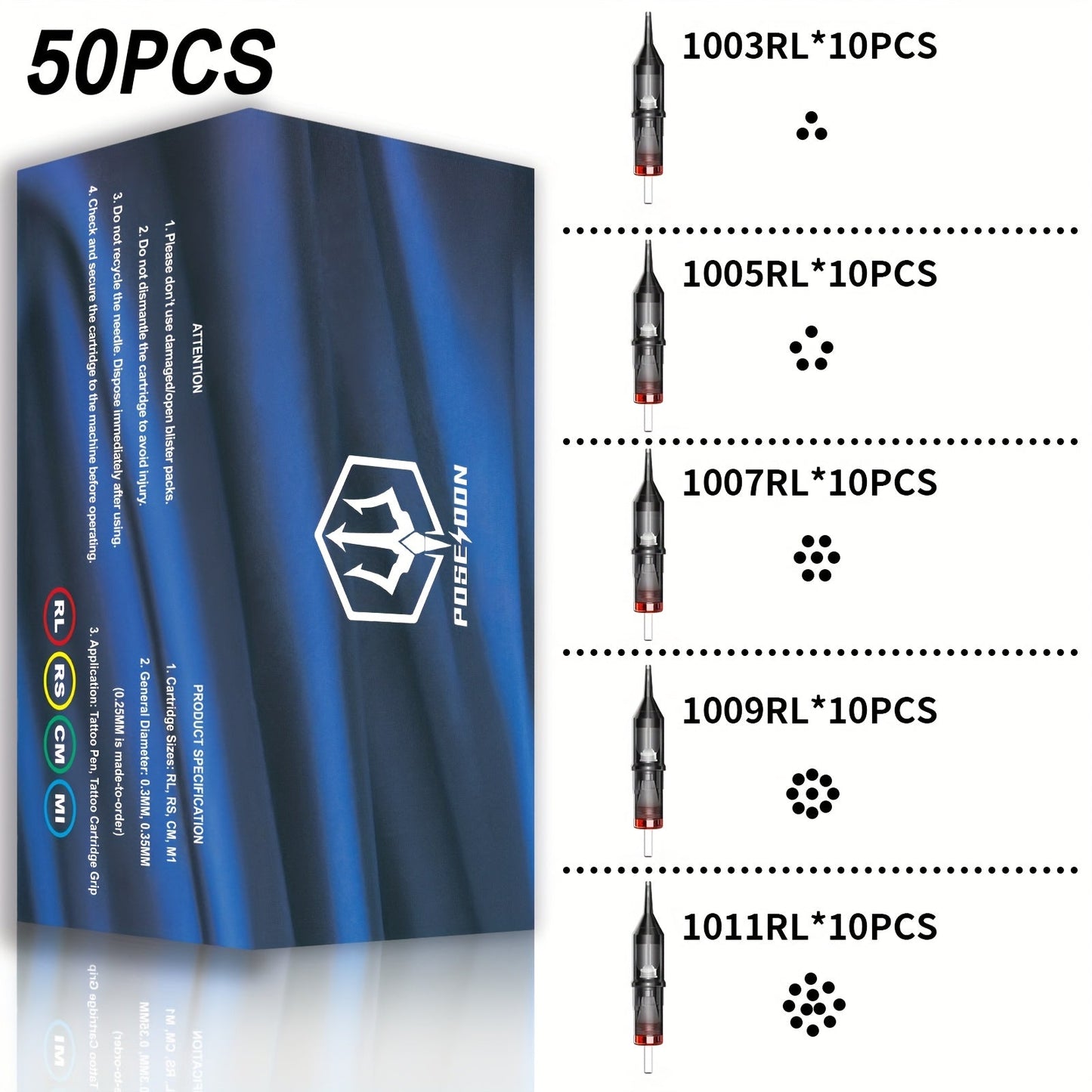 Round Liner Tattoo Cartridge Needles 50pcs Assorted - #10 Bugpin & #12 Standard 3RL 5RL for Temporary Body Art, Festivals and Costumes