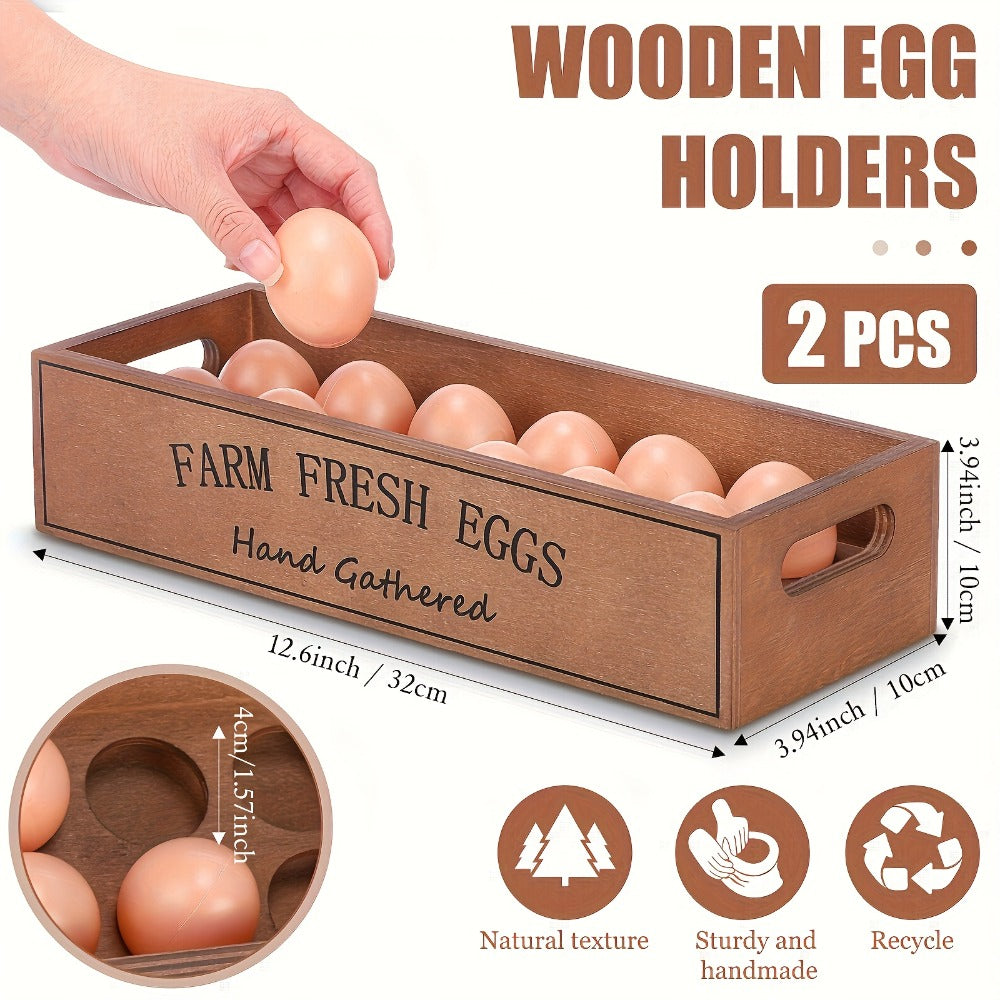 Farmhouse Wooden Egg Holder Rack 2pcs – 24 Egg Storage Display with Handle for Kitchen, Farm, Easter