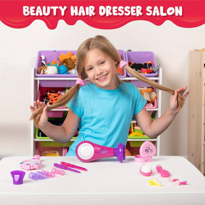 Girls Beauty Salon Toy Set 17 PCS, Pretend Play Hair Stylist Kit with Working Hairdryer Mirror Curling Wands Combs Clips & Jewelry Box