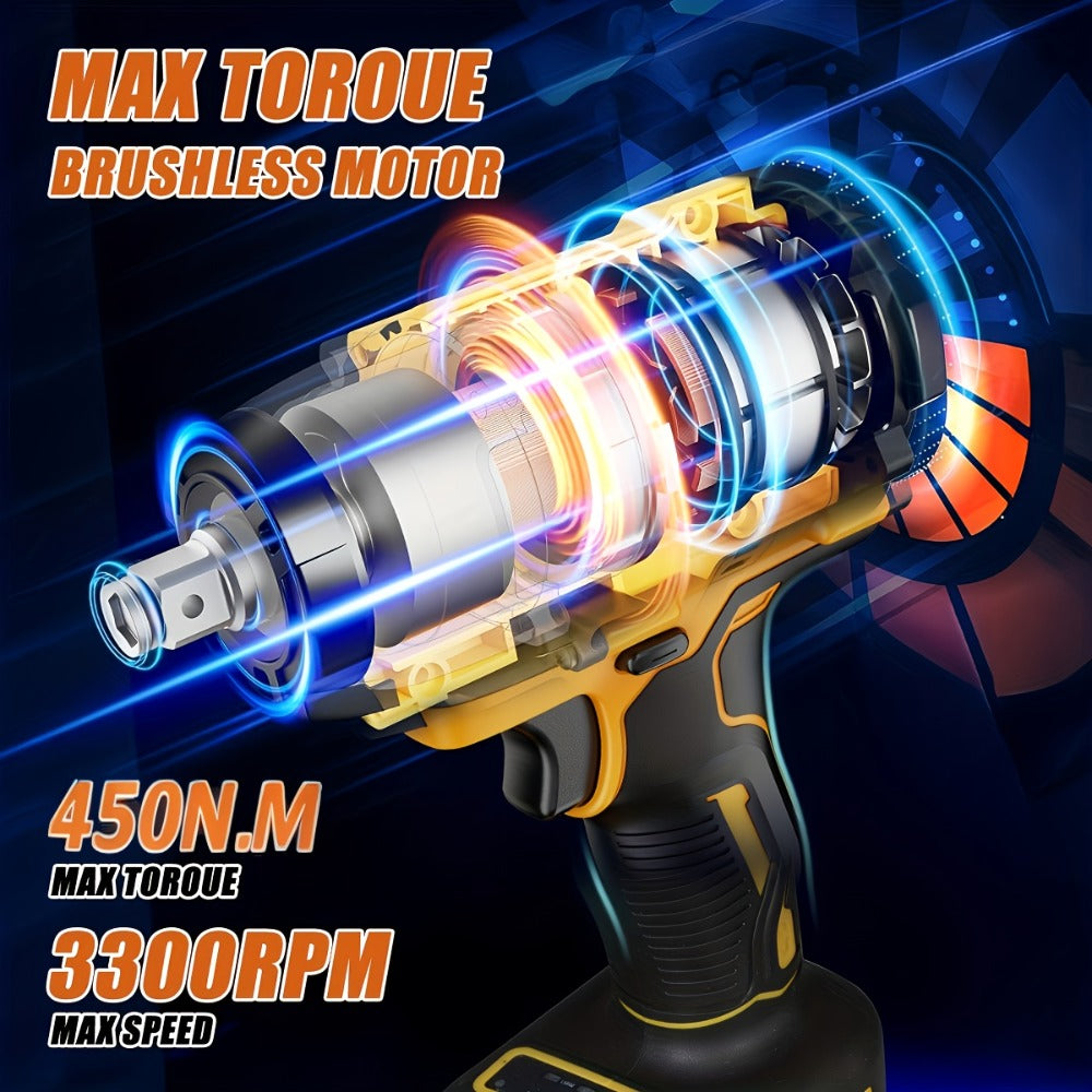 Cordless Impact Wrench 1/2 Inch Brushless, 450N.m 259Ft-lbs High Torque Impact Gun, 3300RPM Variable Speed