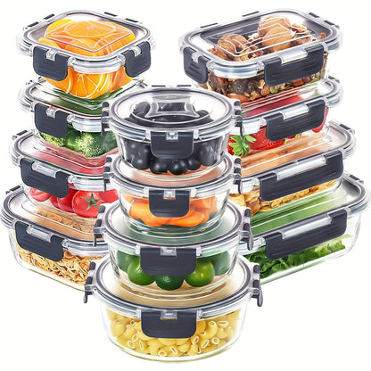 12-Piece Glass Food Container Set with Six Assorted Containers and Black- or Pink-Accent Clip Lids