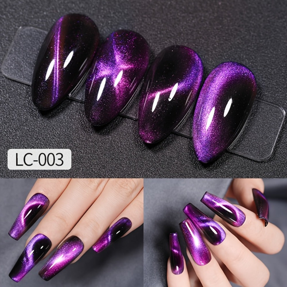 Gel Nail Polish 8-Piece Aurora Magnetic Cat-Eye Set with Black-Crystal Glitter and 3D Light-Shifting Finish for UV/LED Cure