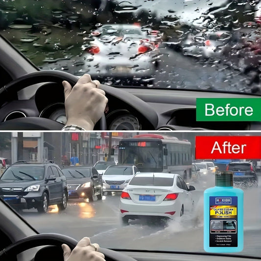 Car Glass Polish by HEXIBII, 150ml Oil-Film Cleaner Compound with Two Sponge Applicators for Windshields