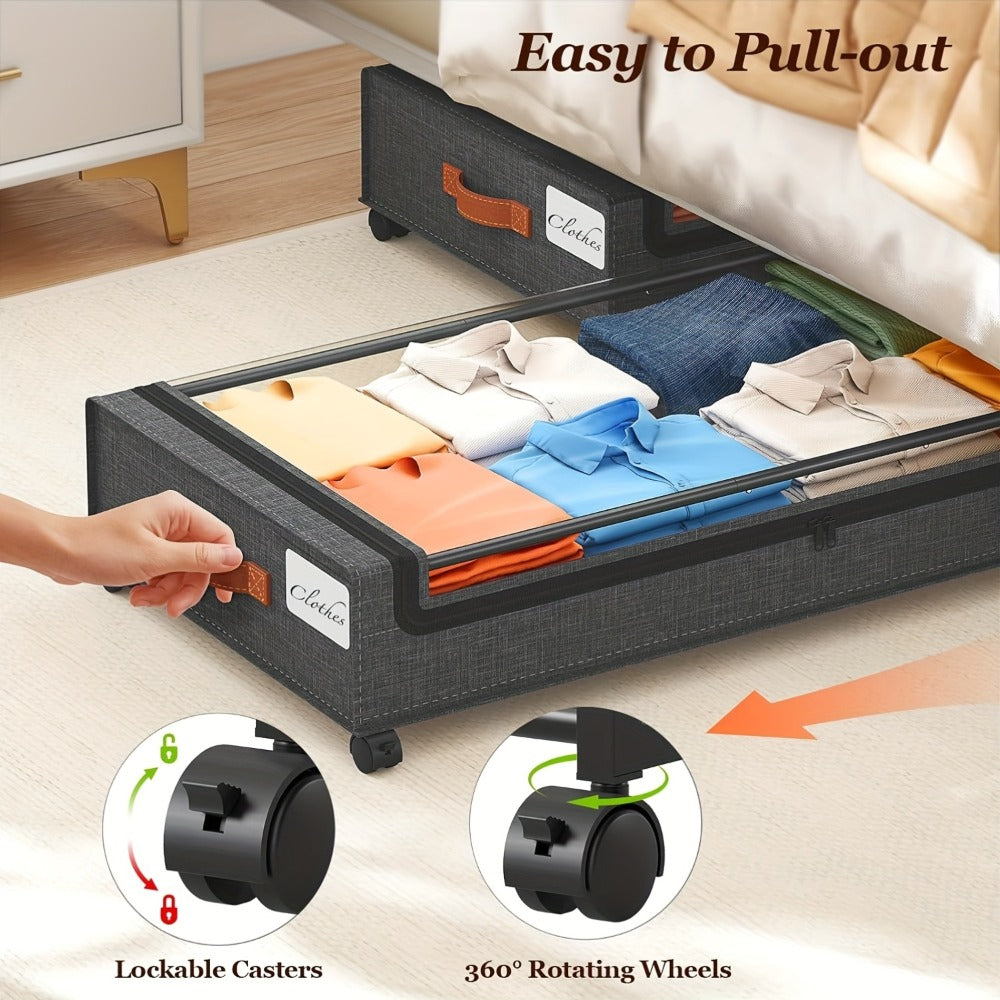 Under Bed Storage Organizer 2-Pack Rolling Boxes in Black or Gray for Clothes, Shoes and Bedding