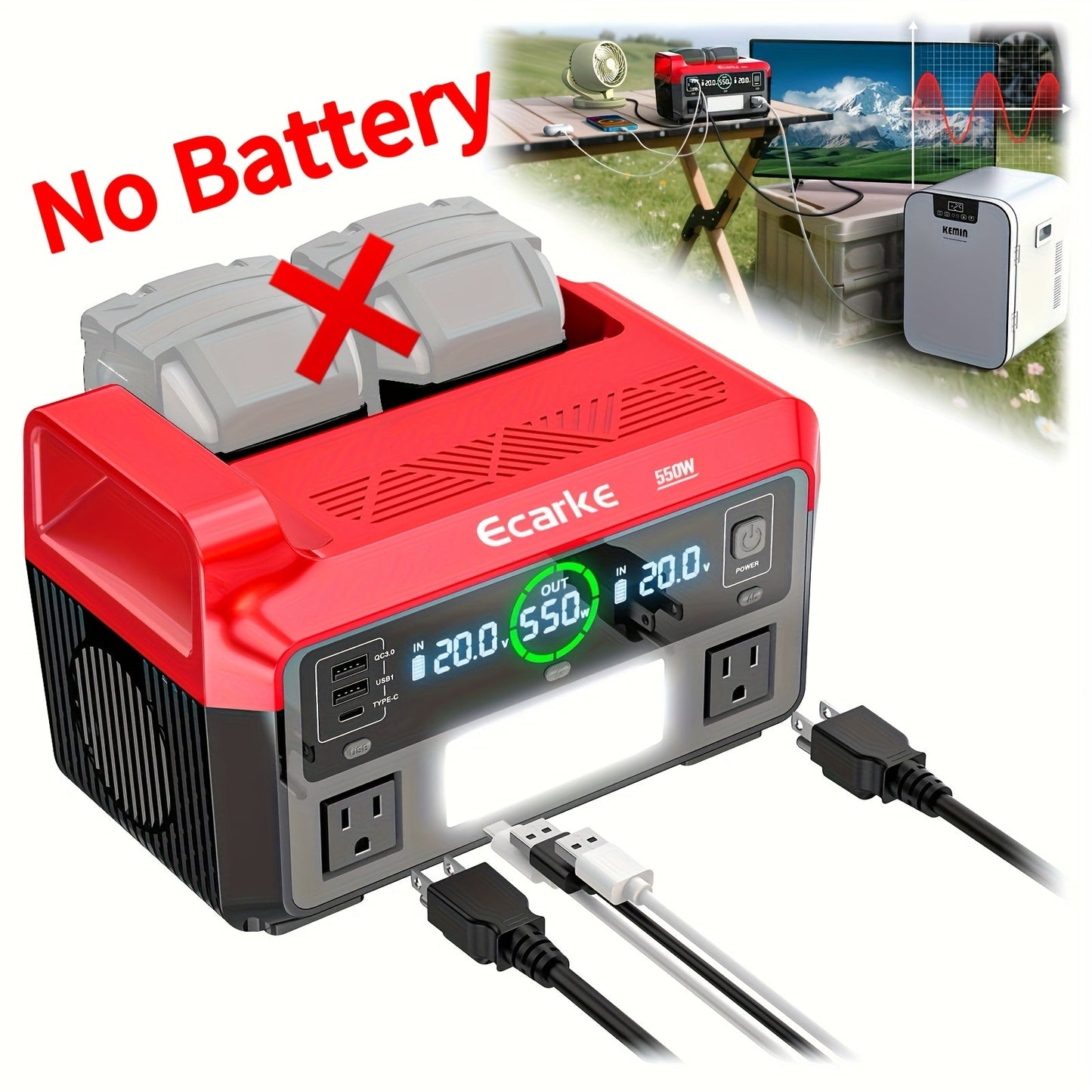 Pure Sine Wave Inverter 550W for 18V Battery - DC 18V to AC 110V, 2×USB-C 20W Fast Charge, 2×USB-A