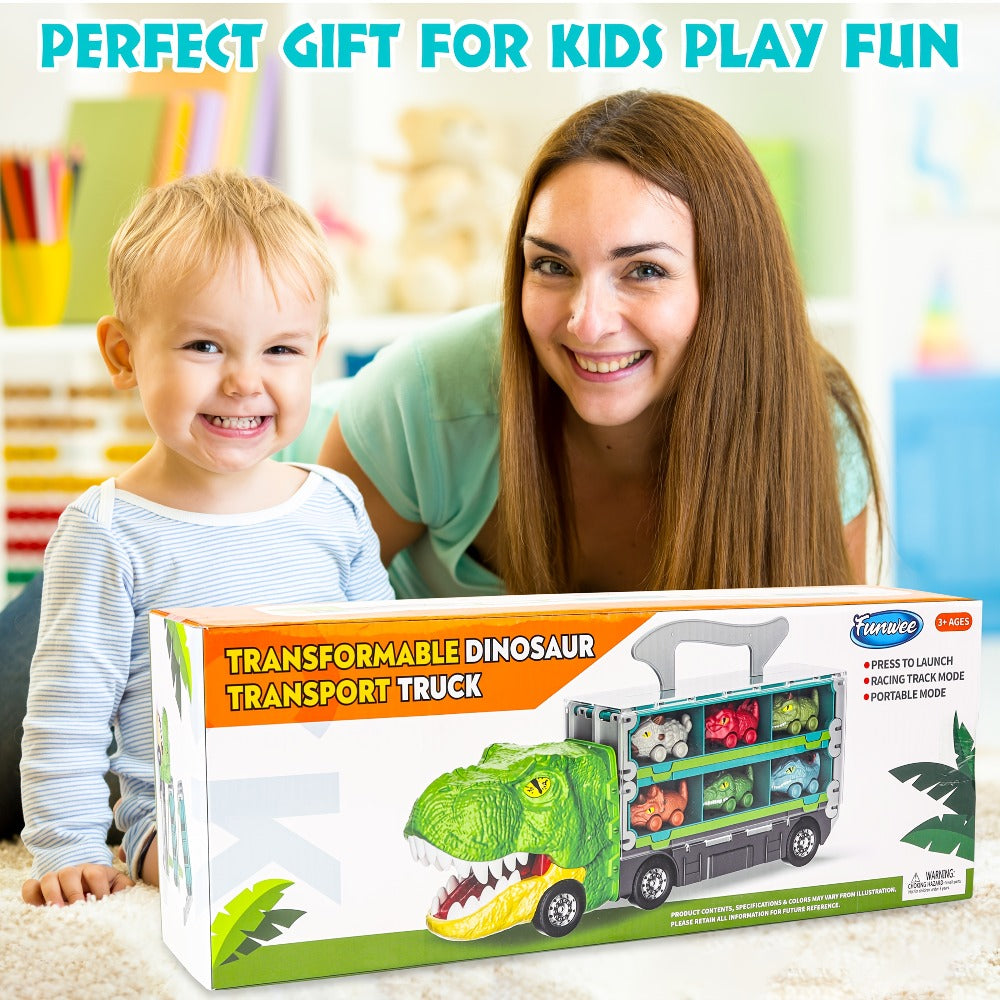 Dinosaur Truck Toys 13-in-1 Transport Carrier with 63-Inch Foldable Race Track, 6 Dino Cars + 6 Die-Cast Cars