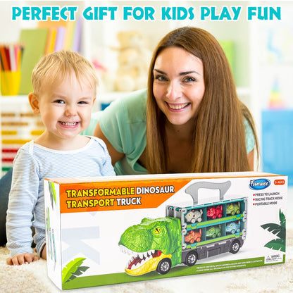 Dinosaur Truck Toys 13-in-1 Transport Carrier with 63-Inch Foldable Race Track, 6 Dino Cars + 6 Die-Cast Cars