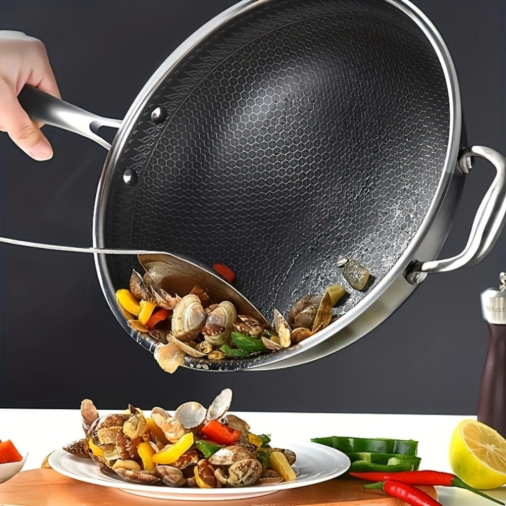 Stainless Steel Wok Set 13.3 Inch Non-stick Honeycomb Design with Lid & 2 Cookware Accessories