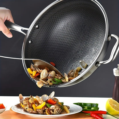 Stainless Steel Wok Set 13.3 Inch Non-stick Honeycomb Design with Lid & 2 Cookware Accessories