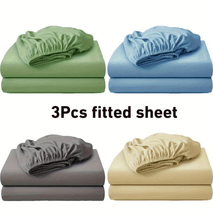 Three-Piece Solid-Color Fitted Sheet Set with Two Pillowcases, Nine Colors and Four Bed Sizes