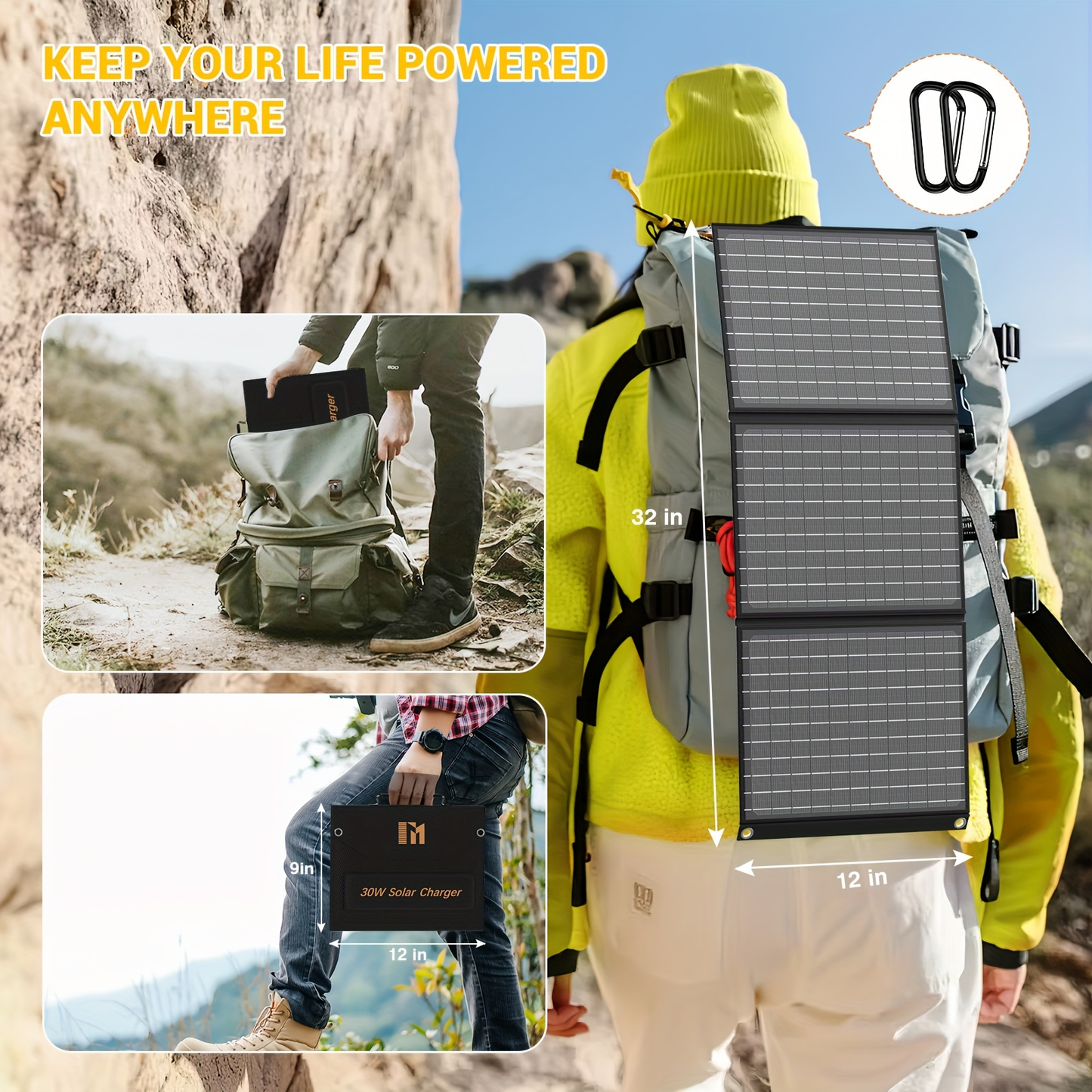 Portable Solar Panel Charger 30W 60W, Foldable Monocrystalline with 18V MC4, DC 12V, USB-A QC3.0 & USB-C PD 18W for Camping