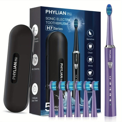 H7 Sonic Electric Toothbrush Kit in Pink, Black or Purple with Six Brush Heads and Travel Case