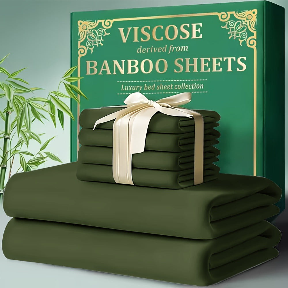 Bed Sheet Set 4-Piece Bamboo-Derived Cooling Fabric with Deep-Pocket Fitted Sheet and Four Bed Sizes