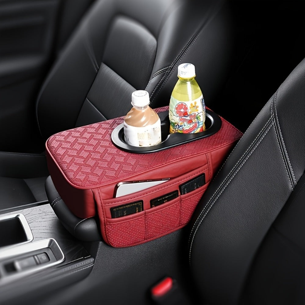 Car Center Console Cover PU Leather – Universal Armrest Box Mat with 2 Cup Holders & 2 Side Pockets, Phone & Card Storage