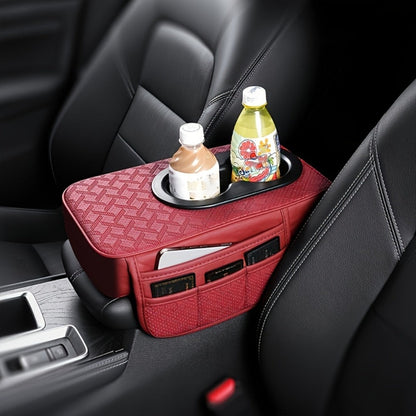 Car Center Console Cover PU Leather – Universal Armrest Box Mat with 2 Cup Holders & 2 Side Pockets, Phone & Card Storage