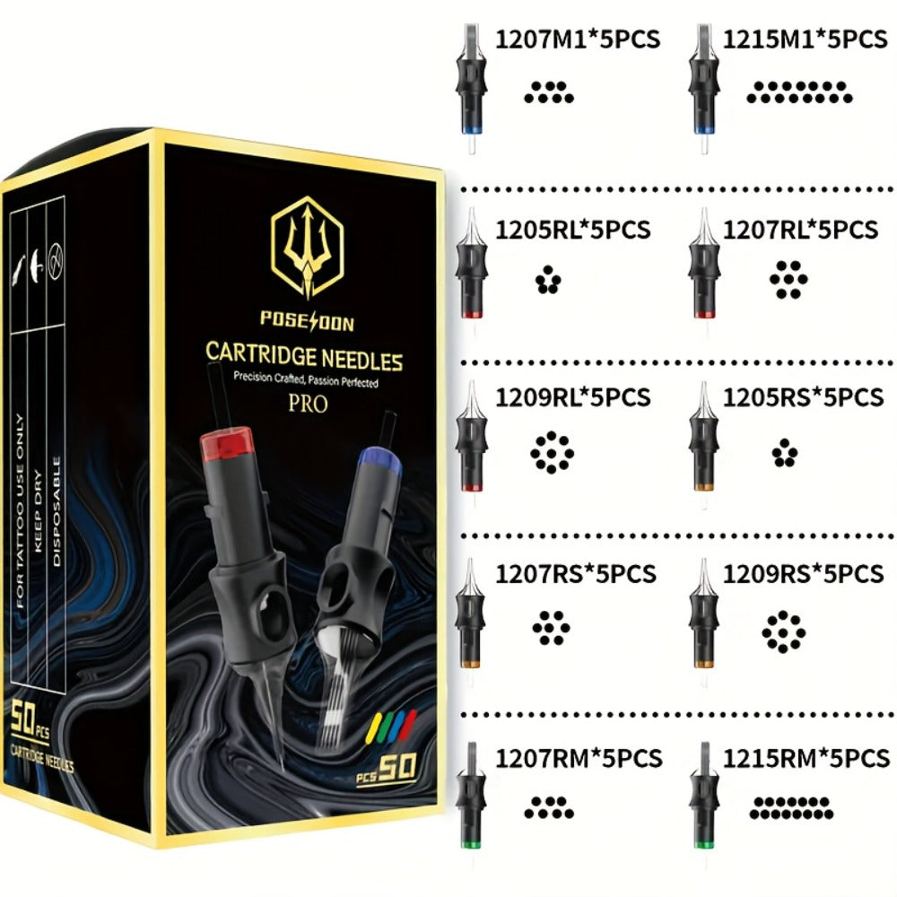 Tattoo Cartridge Needles with POSEIDON V5 Label, 50-Piece Mixed or Round Liner Pack Options