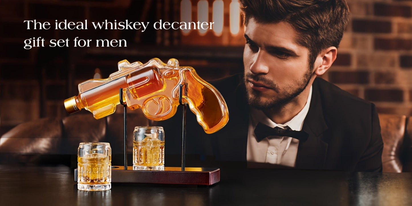 Pistol Whiskey Decanter Set with 2 Shot Glasses, Cool Liquor Dispenser Gift for Him, Husband, Dad