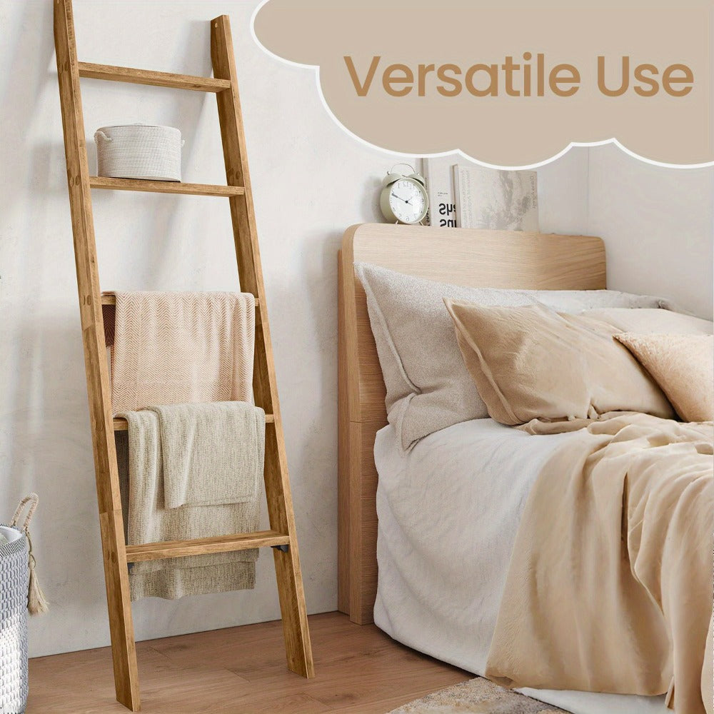 Blanket Ladder Shelf 5-Tier Freestanding Wood Ladder Rack for Blankets Towels Books Decor for Laundry Rooms, Closets and Home Organization