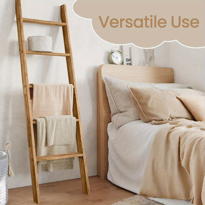 Blanket Ladder Shelf 5-Tier Freestanding Wood Ladder Rack for Blankets Towels Books Decor for Laundry Rooms, Closets and Home Organization