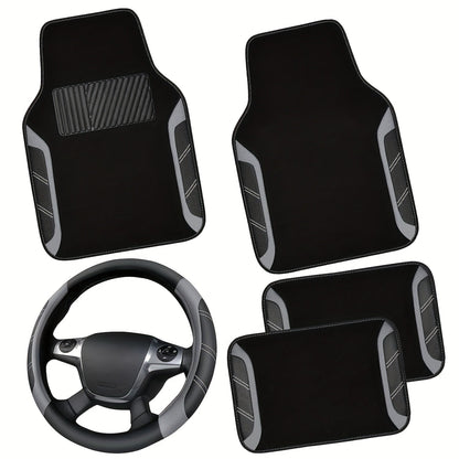Steering Wheel Cover & Waterproof Car Floor Mats Combo Set – Microfiber Anti-Slip Universal Fit 14.5-15 Inch for 95% Sedan SUV Cars