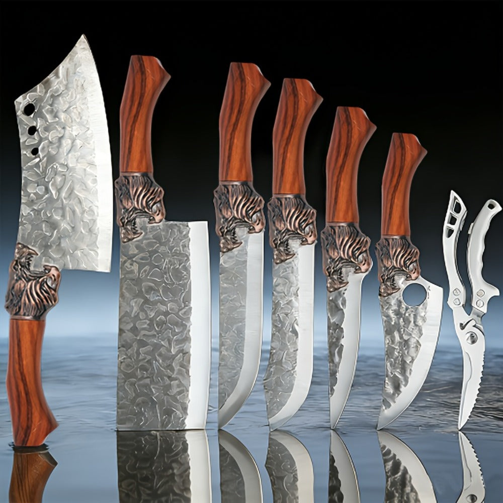 Seven-Piece Kitchen Knife Set with Six Hammered Silver Blades, Scissors and Wood-Look Handles
