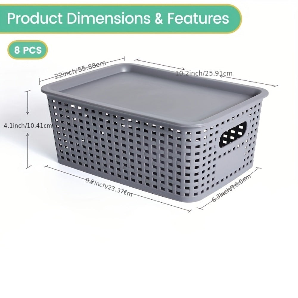 Shelf Storage Organizer Bins with Lids 4 or 8 Pack, Stackable 10 x 7 x 4 Inch Boxes in Four Colors