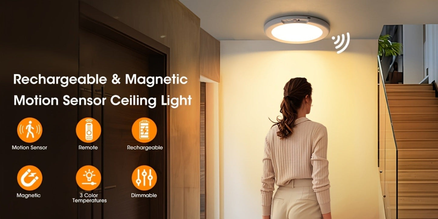 Rechargeable LED Ceiling Light with Motion Sensor, Remote Control Dimmable, 3 Color Temps 3000K/4500K/6500K