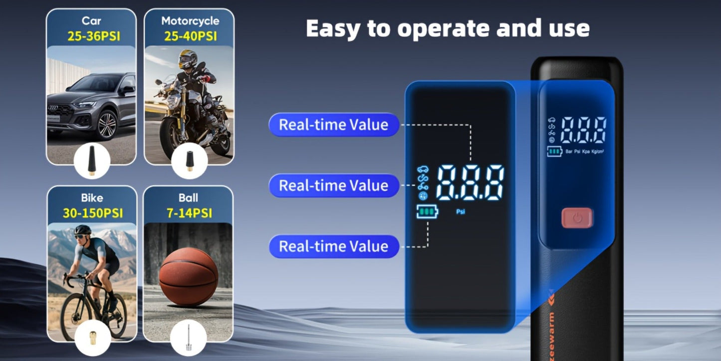 Cordless Tire Inflator Portable Air Compressor – USB-C Rechargeable, Digital Gauge, 3X Fast Inflation for Car Tires, Bikes