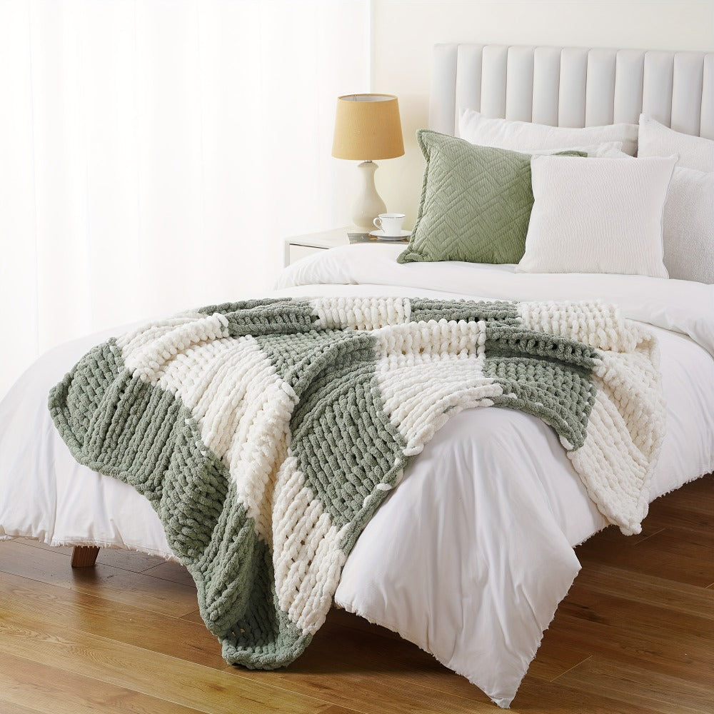 Chunky Chenille Cable Knit Throw Blanket, 350-400gsm Crochet Throw for Sofa, Bed & Couch, Vintage Patchwork