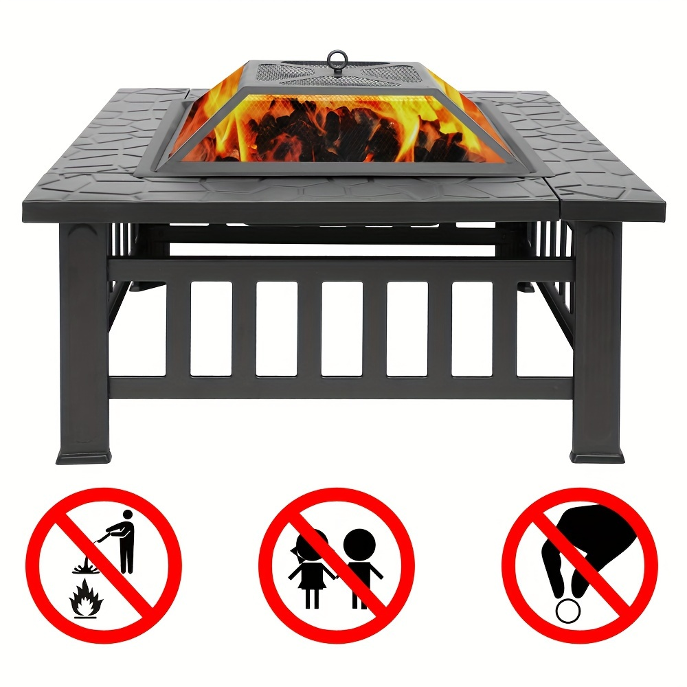 Black Square Fire Pit Table with Raised Mesh Cover, Perforated Side Panels and Wood-Burning Bowl