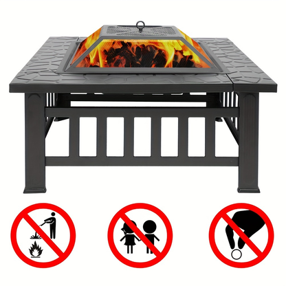 Black Square Fire Pit Table with Raised Mesh Cover, Perforated Side Panels and Wood-Burning Bowl