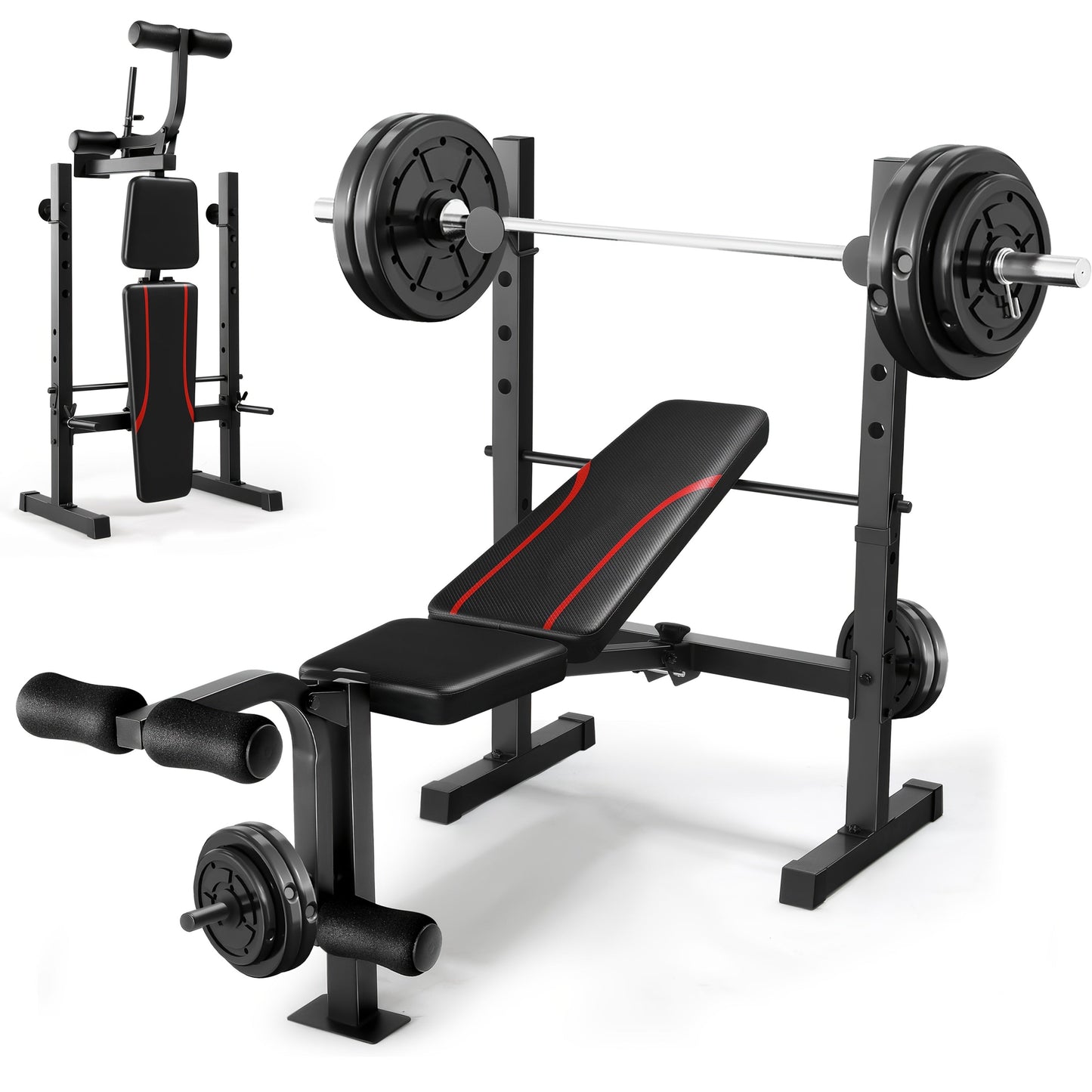 Adjustable Weight Bench Set with Squat Rack, Foldable Workout Bench Press with Leg Developer & Preacher Curl Pad