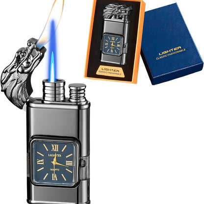 Double Flame Retro Metal Lighter Windproof Refillable Butane Outdoor Portable Quartz Ignition Dragon Eagle Gun Type Ice Golden Bronze
