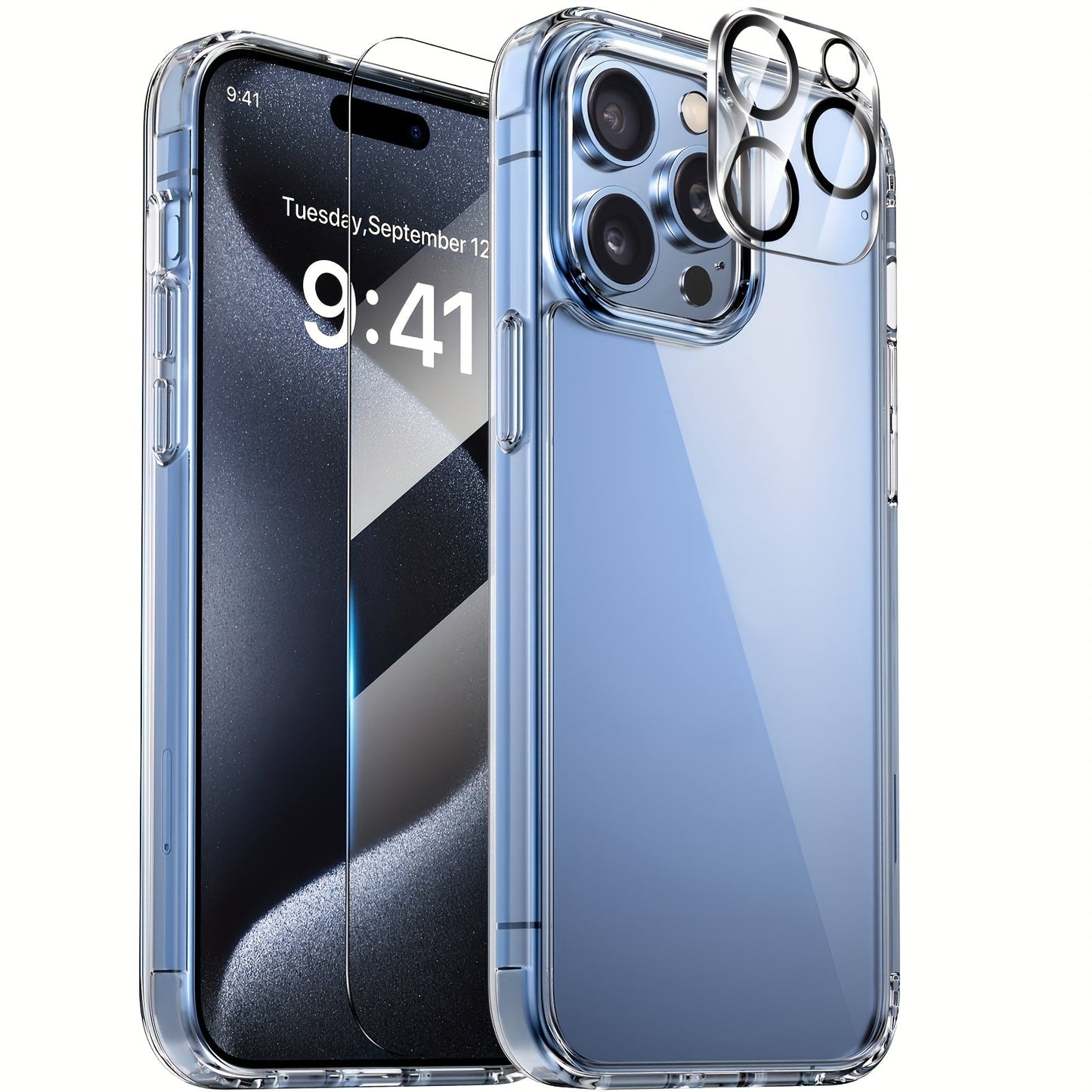 Phone Case Clear TPU and PC Three-Piece Bundle with Screen and Camera Lens Protectors for Select iPhone Models