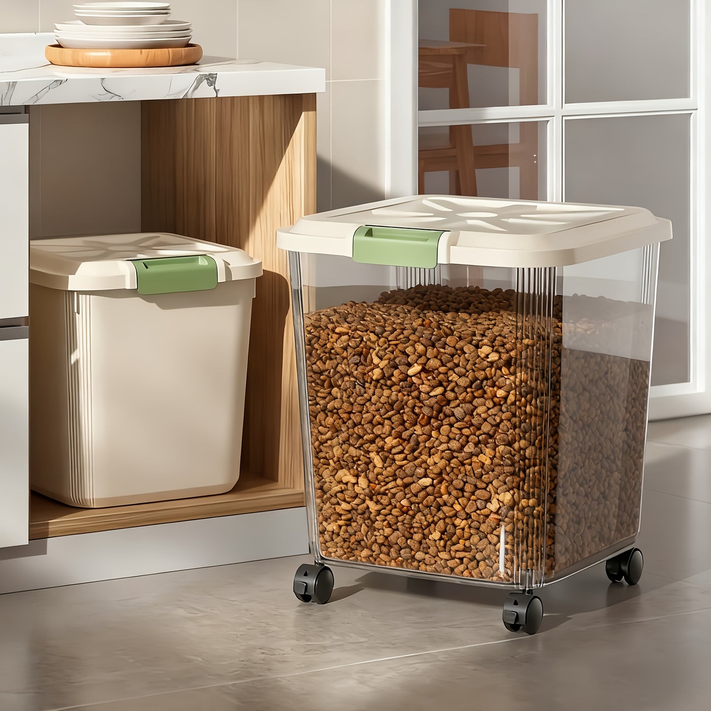 Pet Food Storage Container with Wheels – Lockable Lid Transparent Rolling Bin with Scoop for Dogs Cats & Birds, 11lb / 22lb / 33lb