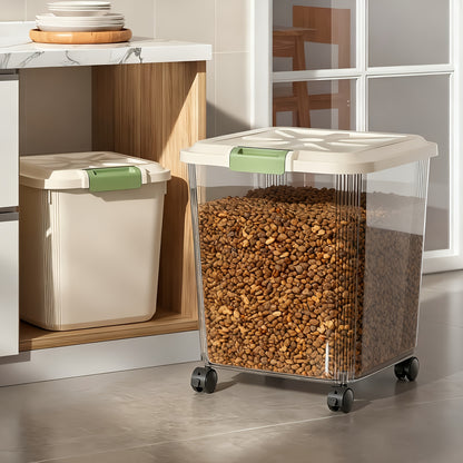 Pet Food Storage Container with Wheels – Lockable Lid Transparent Rolling Bin with Scoop for Dogs Cats & Birds, 11lb / 22lb / 33lb