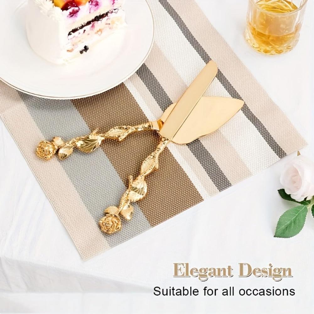 Cake Knife and Spatula Set with Rose Handle, Silver-Plated Dessert Server Gift Box Set for Wedding
