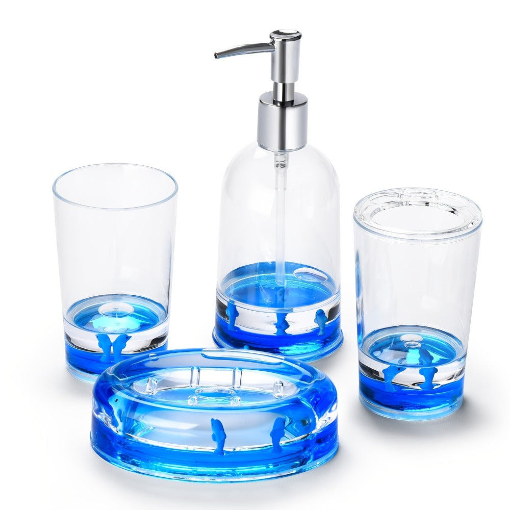 Bathroom Accessory Set 4-Piece 3D Floating Motion Acrylic Liquid Vanity Kit - Tumbler, Toothbrush Holder