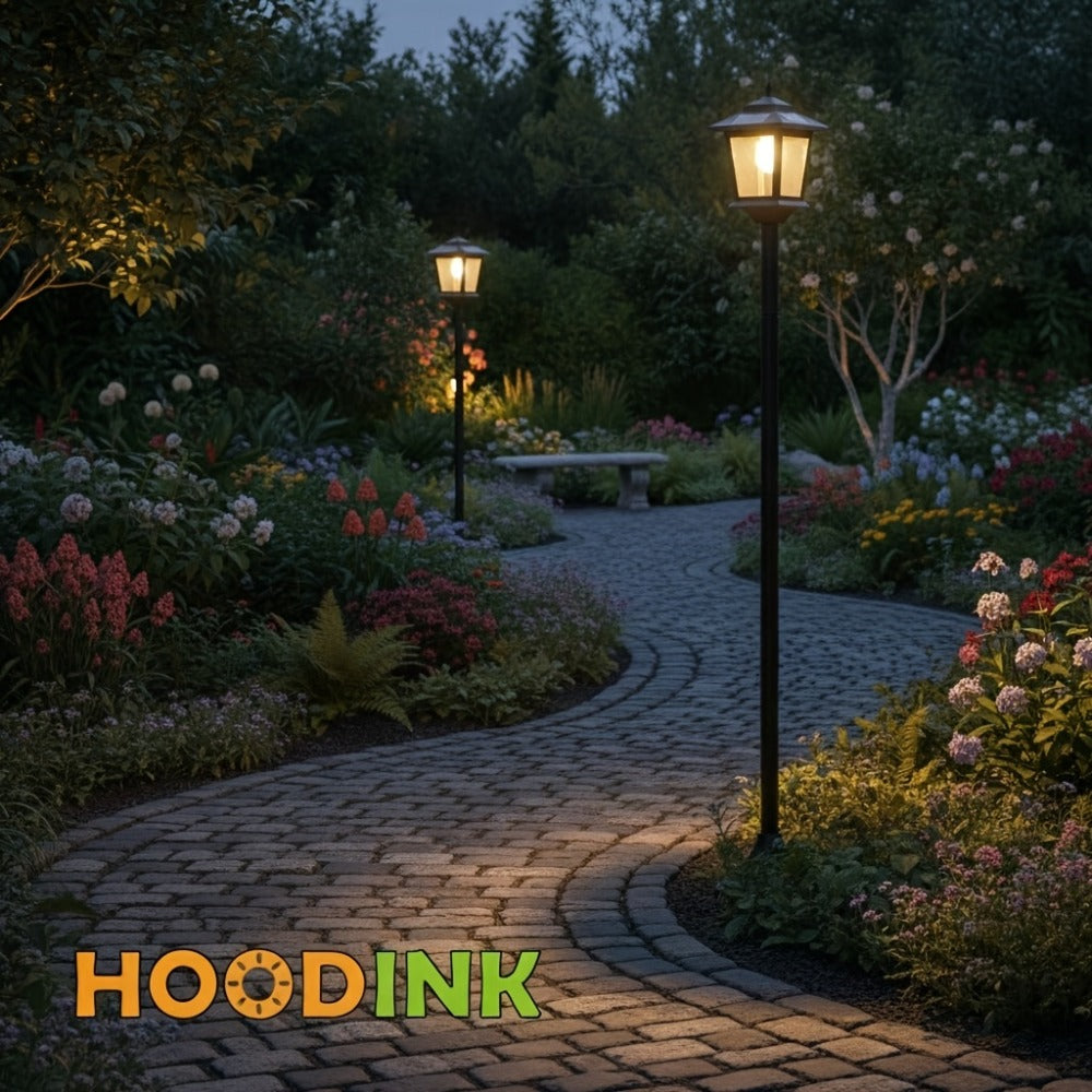 Solar Garden Light HOODINK Black Lamp Post 2-Pack with Solar Panel, Automatic Light Sensor and Freestanding Pole Installation