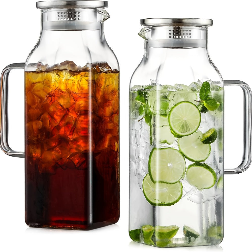 Glass Pitcher with Lid & Handle 2L 68oz, Square Borosilicate Water Jug, Heat Resistant Carafe for Fridge