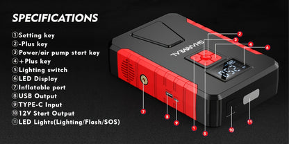 Portable Jump Starter with Air Compressor – 15000A-19000A Peak 350PSI 12V 17-in-1 Car Battery Jump Starter, Digital Display