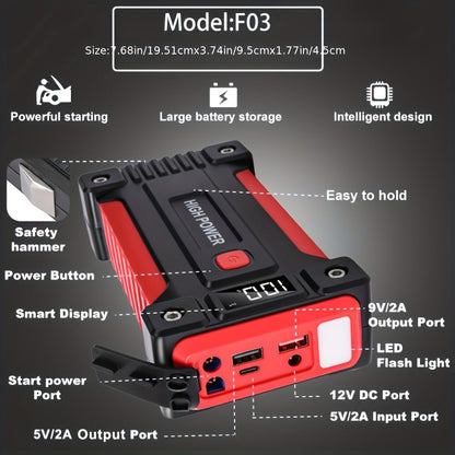 12V Jump Starter with F07, F13, F19 or F03 Black Model Options, Digital Display, LED Light and USB Connections