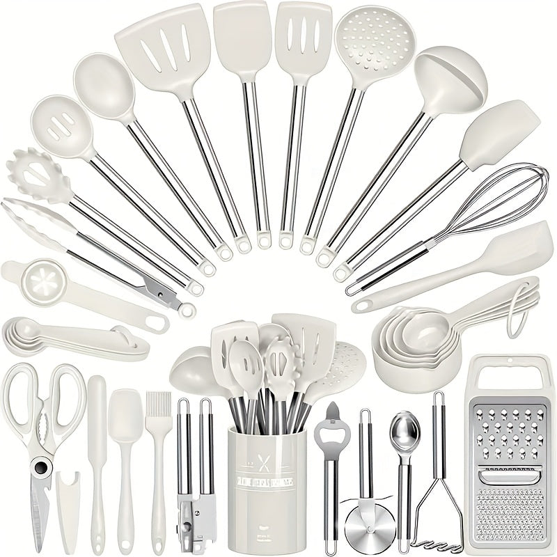 Kitchen Utensils 34-Piece Silicone and Stainless Steel Handle Set with Holder in Four Colors