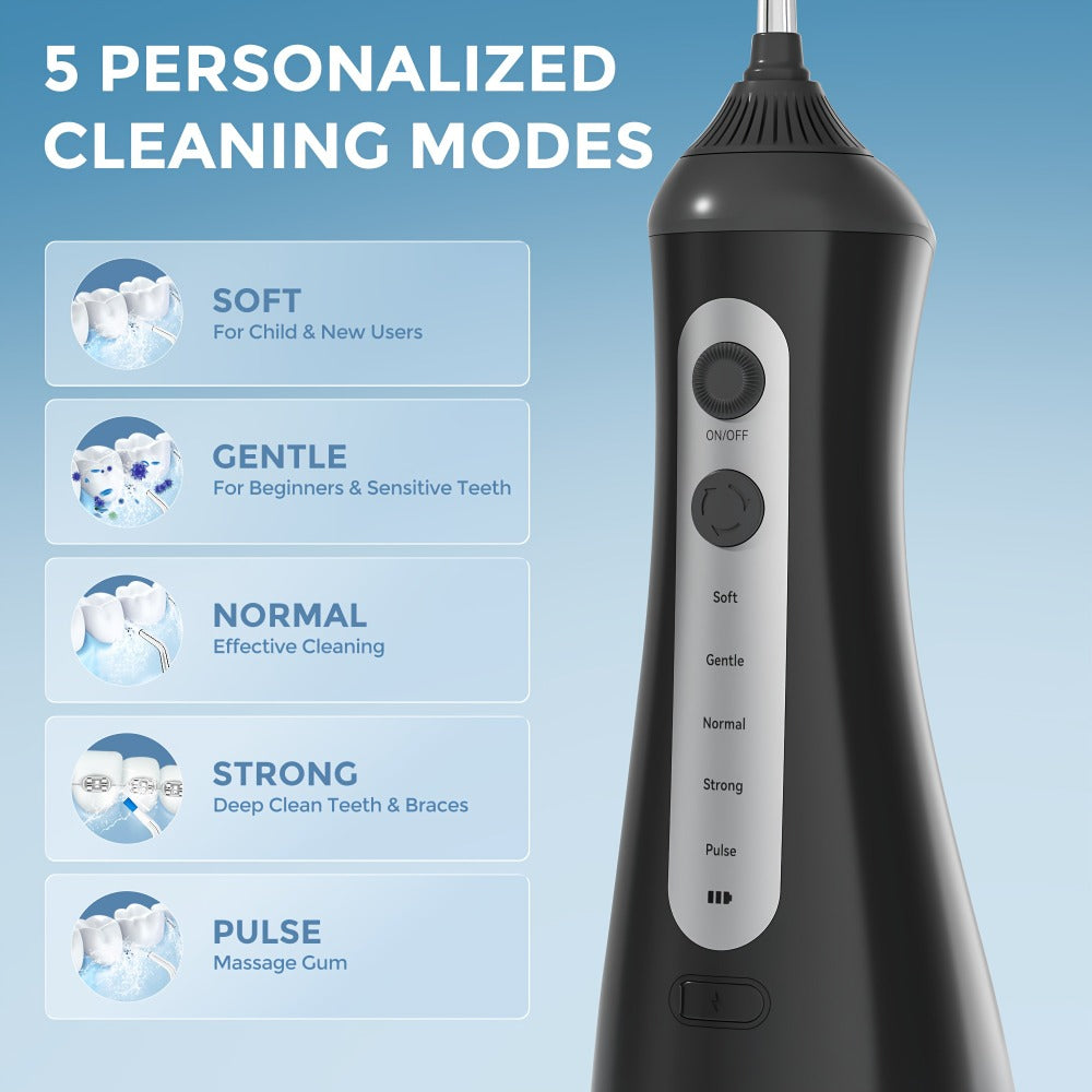 Water Flosser Cordless Oral Irrigator with Five Modes, Five Jet Tips, 1800mAh Battery and Pink or Black Options