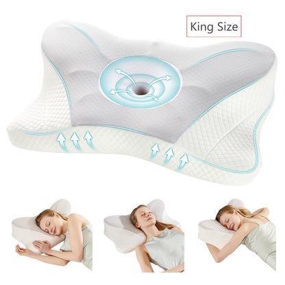 Memory Foam Cervical Pillow Contour Neck Support Orthopedic Bed Pillow for Side Back Stomach Sleepers with Cooling Pillowcase Queen King