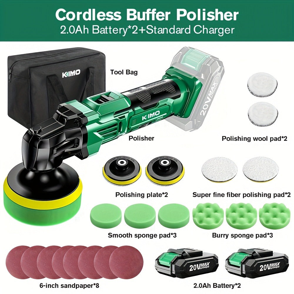 KIMO-Labeled 20V Cordless Rotary Buffer Polisher Kit with Six Speeds, Two 2.0Ah Batteries and Pictured Pads