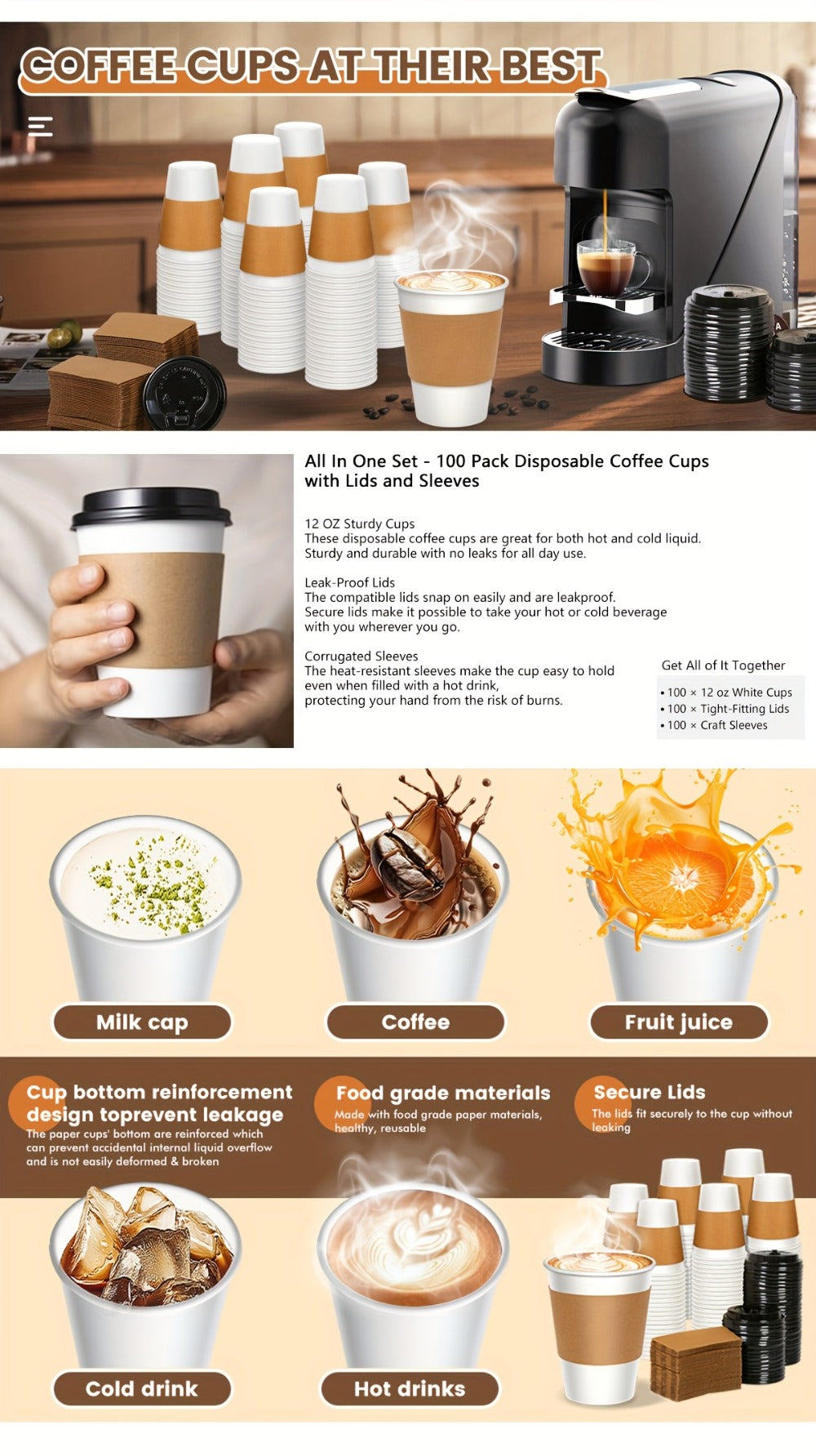 Disposable Paper Coffee Cups with Lids and Sleeves 12oz, Leak-Proof To-Go Hot Coffee Cups with Insulated Sleeve for Home