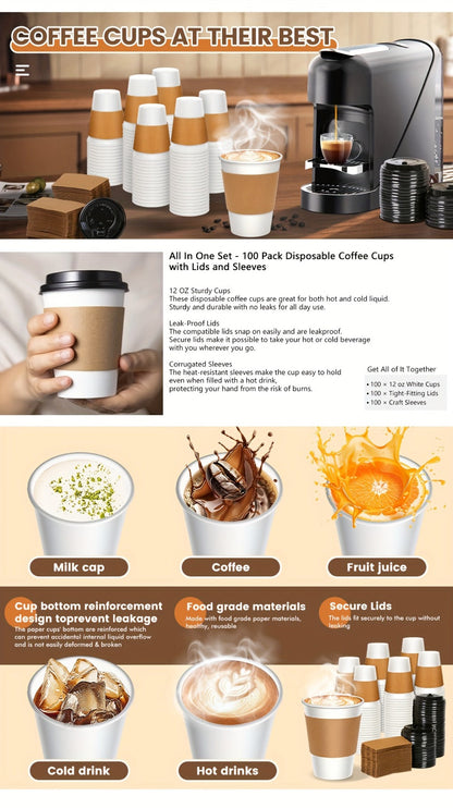 Disposable Paper Coffee Cups with Lids and Sleeves 12oz, Leak-Proof To-Go Hot Coffee Cups with Insulated Sleeve for Home